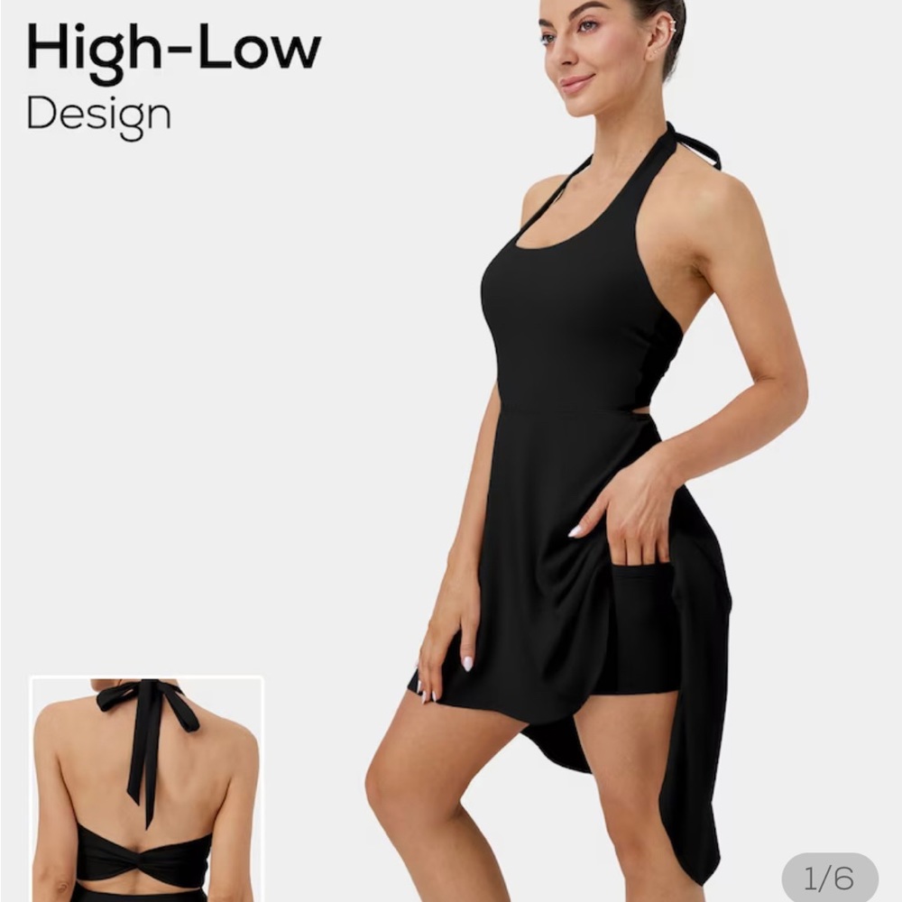 Halter Lace Up Backless Twisted Side Pocket 2-in-1 High Low Dance Dress